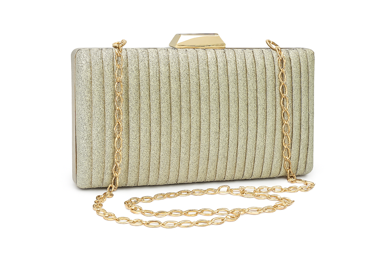 Elegant Silver Evening Clutch with Gold Chain Strap Detail