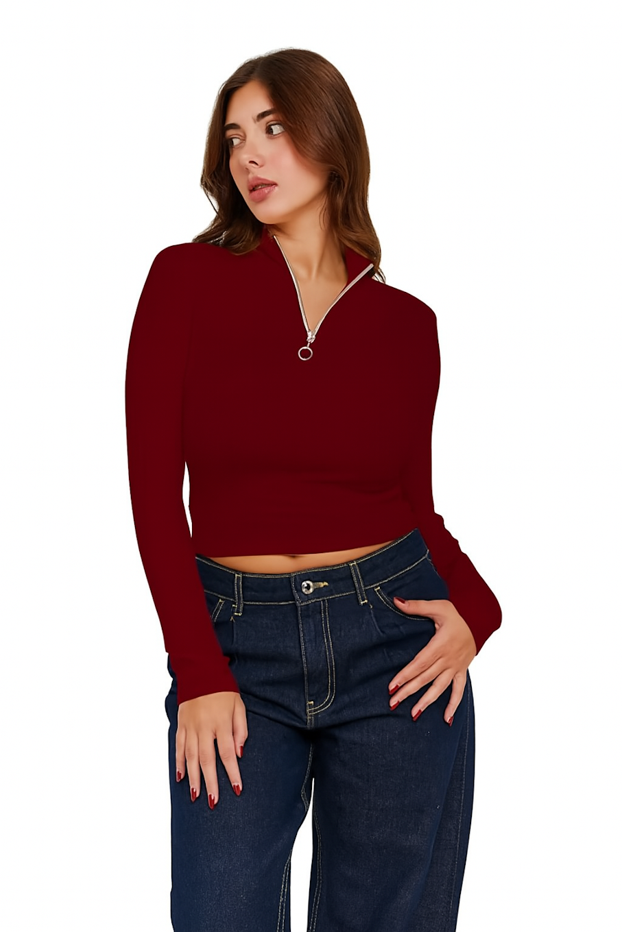 Long Sleeve Quarter Zip Crop Top-Maroon (Size-L)