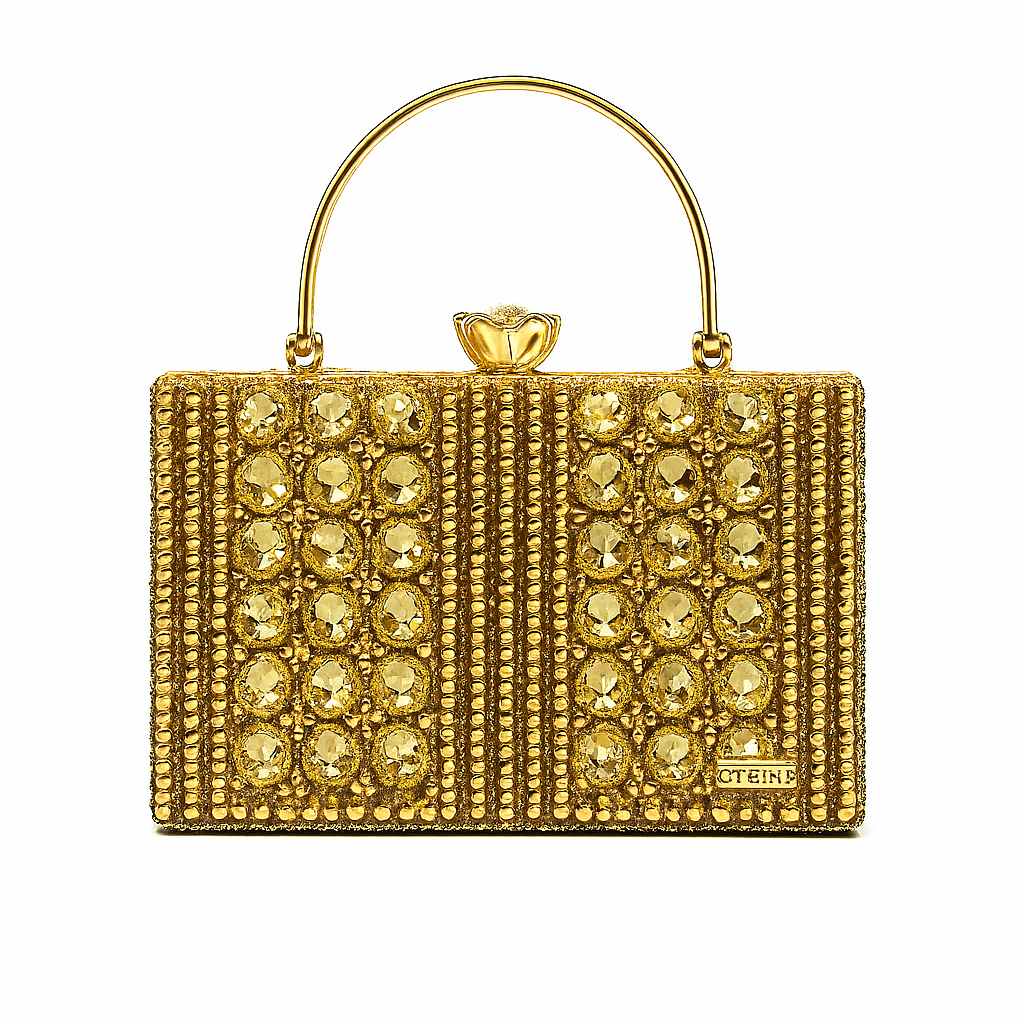 Gold Gemstone Clutch with Beaded Vertical Strip Design