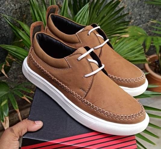 Nubuck Leather Classic Sneakers For Men (Size-UK7)(Color-BROWN)