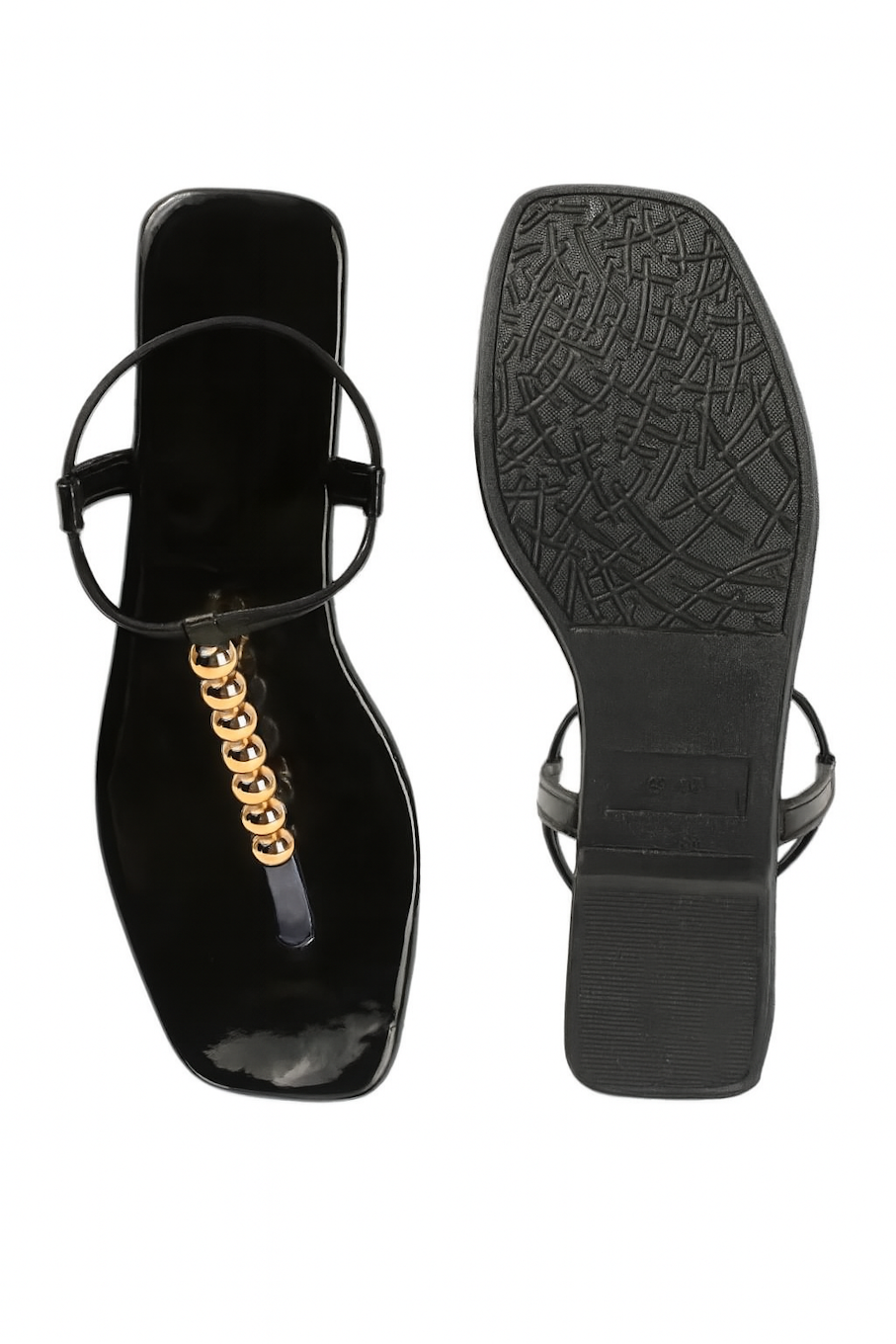 Black T-Strap Flats with Gold Ball Embellishment (Size-3 UK)