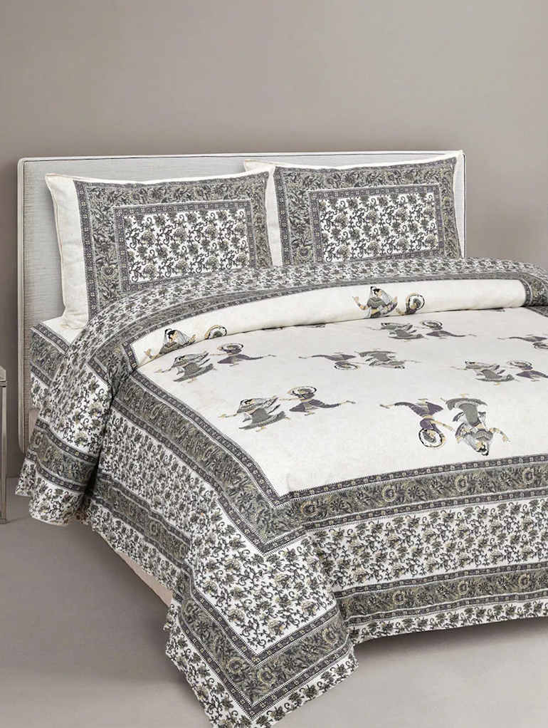 Printed Double Bed Sheet With 2 Pillow Cover (Grey)