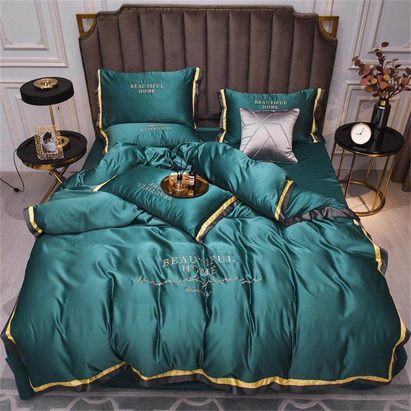 Hot-selling Green Silk Bedding Sets 4 Pcs Solid Bed Suit Qulit Cover